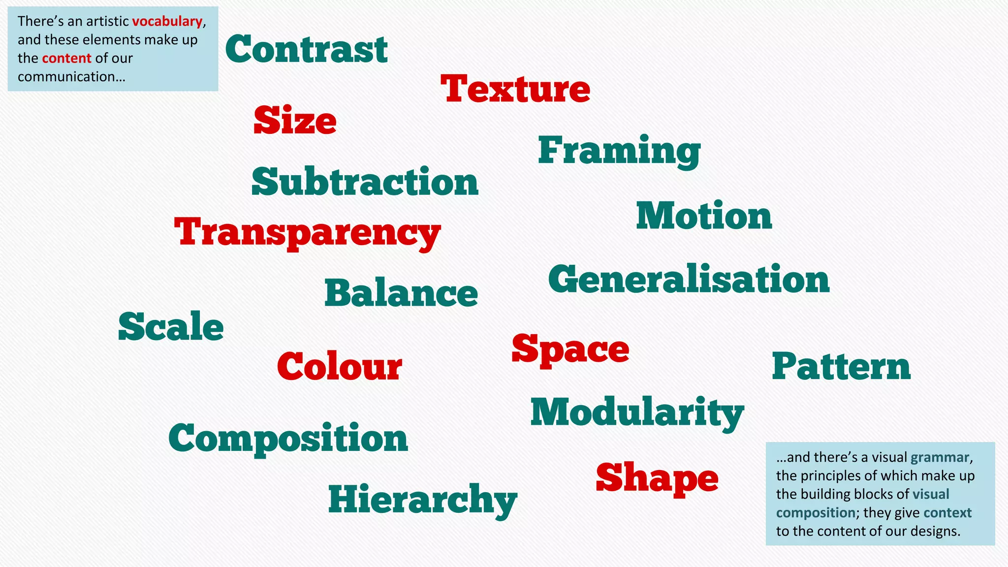 Contrast
Colour
Hierarchy
Motion
Composition
Generalisation
Framing
Scale
Subtraction
Balance
Pattern
Modularity
Size
Shape
Space
Texture
Transparency
There’s an artistic vocabulary,
and these elements make up
the content of our
communication…
…and there’s a visual grammar,
the principles of which make up
the building blocks of visual
composition; they give context
to the content of our designs.
 
