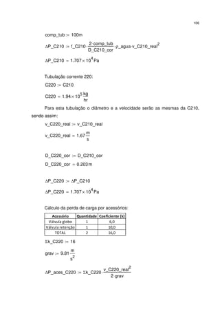 106
comp_tub 100m:=
∆P_C210 f_C210
2 comp_tub⋅
D_C210_cor
⋅ ρ_agua⋅ v_C210_real
2
⋅:=
∆P_C210 1.707 10
4
× Pa=
Tubulação corrente 220:
C220 C210:=
C220 1.94 10
5
×
kg
hr
=
Para esta tubulação o diâmetro e a velocidade serão as mesmas da C210,
sendo assim:
v_C220_real v_C210_real:=
v_C220_real 1.67
m
s
=
D_C220_cor D_C210_cor:=
D_C220_cor 0.203m=
∆P_C220 ∆P_C210:=
∆P_C220 1.707 10
4
× Pa=
Cálculo da perda de carga por acessórios:
Acessório Quantidade Coeficiente (k)
Válvula globo 1 6,0
Válvula retenção 1 10,0
TOTAL 2 16,0
Σk_C220 16:=
grav 9.81
m
s
2
:=
∆P_aces_C220 Σk_C220
v_C220_real
2
2 grav⋅
⋅:=
 
