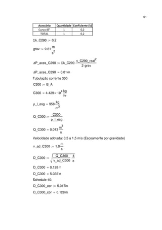 121
Acessório Quantidade Coeficiente (k)
Curva 45° 1 0,2
TOTAL 1 0,2
Σk_C290 0.2:=
grav 9.81
m
s
2
:=
∆P_aces_C290 Σk_C290
v_C290_real
2
2 grav⋅
⋅:=
∆P_aces_C290 0.01m=
Tubulação corrente 300
C300 B_A:=
C300 4.429 10
4
×
kg
hr
=
ρ_l_esg 958
kg
m
3
=
Q_C300
C300
ρ_l_esg
:=
Q_C300 0.013
m
3
s
=
Velocidade adotada: 0,5 a 1,5 m/s (Escoamento por gravidade)
v_ad_C300 1.0
m
s
:=
D_C300
Q_C300
v_ad_C300
4
π
⋅:=
D_C300 0.128m=
D_C300 5.035in=
Schedule 40:
D_C300_cor 5.047in:=
D_C300_cor 0.128m=
 