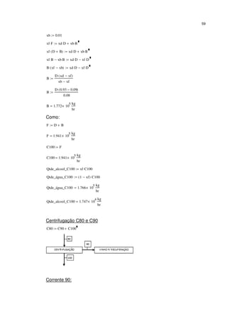 59
xb 0.01:=
xf F⋅ xd D⋅ xb B⋅+:=
xf D B+( )⋅ xd D⋅ xb B⋅+:=
xf B⋅ xb B⋅− xd D⋅ xf D⋅−:=
B xf xb−( )⋅ xd D⋅ xf D⋅−:=
B
D xd xf−( )⋅
xb xf−
:=
B
D 0.93 0.09−( )⋅
0.08
:=
B 1.772 10
5
×
kg
hr
=
Como:
F D B+:=
F 1.941 10
5
×
kg
hr
=
C100 F:=
C100 1.941 10
5
×
kg
hr
=
Qtde_alcool_C100 xf C100⋅:=
Qtde_água_C100 1 xf−( ) C100⋅:=
Qtde_água_C100 1.766 10
5
×
kg
hr
=
Qtde_alcool_C100 1.747 10
4
×
kg
hr
=
Centrifugação C80 e C90
C80 C90 C100+:=
Corrente 90:
 