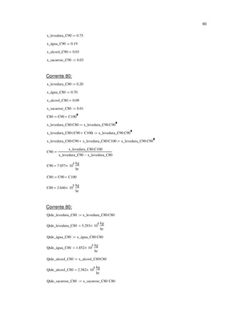 60
x_levedura_C90 0.75:=
x_água_C90 0.19:=
x_alcool_C90 0.03:=
x_sacarose_C90 0.03:=
Corrente 80:
x_levedura_C80 0.20:=
x_água_C80 0.70:=
x_alcool_C80 0.09:=
x_sacarose_C80 0.01:=
C80 C90 C100+:=
x_levedura_C80 C80⋅ x_levedura_C90 C90⋅:=
x_levedura_C80 C90 C100+( )⋅ x_levedura_C90 C90⋅:=
x_levedura_C80 C90⋅ x_levedura_C80 C100⋅+ x_levedura_C90 C90⋅:=
C90
x_levedura_C80 C100⋅
x_levedura_C90 x_levedura_C80−
:=
C90 7.057 10
4
×
kg
hr
=
C80 C90 C100+:=
C80 2.646 10
5
×
kg
hr
=
Corrente 80:
Qtde_levedura_C80 x_levedura_C80 C80⋅:=
Qtde_levedura_C80 5.293 10
4
×
kg
hr
=
Qtde_água_C80 x_água_C80 C80⋅:=
Qtde_água_C80 1.852 10
5
×
kg
hr
=
Qtde_alcool_C80 x_alcool_C80C80⋅:=
Qtde_alcool_C80 2.382 10
4
×
kg
hr
=
Qtde_sacarose_C80 x_sacarose_C80 C80⋅:=
 