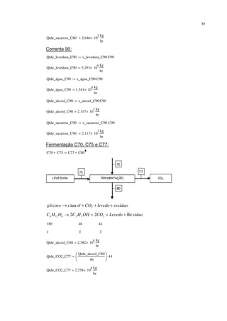 61
Qtde_sacarose_C80 2.646 10
3
×
kg
hr
=
Corrente 90:
Qtde_levedura_C90 x_levedura_C90 C90⋅:=
Qtde_levedura_C90 5.293 10
4
×
kg
hr
=
Qtde_água_C90 x_água_C90 C90⋅:=
Qtde_água_C90 1.341 10
4
×
kg
hr
=
Qtde_alcool_C90 x_alcool_C90C90⋅:=
Qtde_alcool_C90 2.117 10
3
×
kg
hr
=
Qtde_sacarose_C90 x_sacarose_C90 C90⋅:=
Qtde_sacarose_C90 2.117 10
3
×
kg
hr
=
Fermentação C70, C75 e C77:
C70 C75+ C77 C80+:=
resíduolevedoCOoleegli +++→ 2tancos
síduoLevedoCOOHHCOHC Re22 2526126 +++→
180 46 44
1 2 2
Qtde_alcool_C80 2.382 10
4
×
kg
hr
=
Qtde_CO2_C77
Qtde_alcool_C80
46






44⋅:=
Qtde_CO2_C77 2.278 10
4
×
kg
hr
=
 