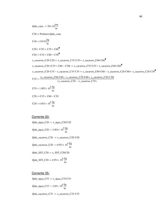 66
Qtde_cana 281.24
ton
hr
:=
C30 Polímero Qtde_cana⋅:=
C30 210.93
kg
hr
=
C20 C30+ C35 C60+:=
C20 C35 C60+ C30−:=
x_sacarose_C20 C20⋅ x_sacarose_C35 C35⋅ x_sacarose_C60 C60⋅+:=
x_sacarose_C20 C35 C60+ C30−( )⋅ x_sacarose_C35 C35⋅ x_sacarose_C60 C60⋅+:=
x_sacarose_C20 C35⋅ x_sacarose_C35 C35⋅− x_sacarose_C60 C60⋅ x_sacarose_C20 C60⋅− x_sacarose_C20 C30⋅+:=
C35
x_sacarose_C60 C60⋅ x_sacarose_C20 C60⋅− x_sacarose_C20 C30⋅+( )
x_sacarose_C20 x_sacarose_C35−( )
:=
C35 1.907 10
5
×
kg
hr
=
C20 C35 C60+ C30−:=
C20 4.951 10
5
×
kg
hr
=
Corrente 20:
Qtde_água_C20 x_água_C20 C20⋅:=
Qtde_água_C20 3.961 10
5
×
kg
hr
=
Qtde_sacarose_C20 x_sacarose_C20 C20⋅:=
Qtde_sacarose_C20 4.951 10
4
×
kg
hr
=
Qtde_SST_C20 x_SST_C20C20⋅:=
Qtde_SST_C20 4.951 10
4
×
kg
hr
=
Corrente 35:
Qtde_água_C35 x_água_C35 C35⋅:=
Qtde_água_C35 3.05 10
4
×
kg
hr
=
Qtde_sacarose_C35 x_sacarose_C35 C35⋅:=
 