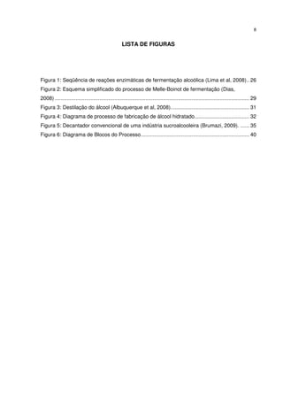 8
LISTA DE FIGURAS
Figura 1: Seqüência de reações enzimáticas de fermentação alcoólica (Lima et al, 2008).. 26
Figura 2: Esquema simplificado do processo de Melle-Boinot de fermentação (Dias,
2008) ................................................................................................................................... 29
Figura 3: Destilação do álcool (Albuquerque et al, 2008)..................................................... 31
Figura 4: Diagrama de processo de fabricação de álcool hidratado..................................... 32
Figura 5: Decantador convencional de uma indústria sucroalcooleira (Brumazi, 2009). ...... 35
Figura 6: Diagrama de Blocos do Processo......................................................................... 40
 