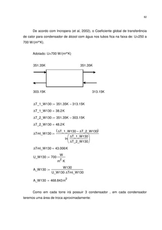 82
De acordo com Incropera (et al, 2002), o Coeficiente global de transferência
de calor para condensador de álcool com água nos tubos fica na faixa de: U=250 a
700 W/(m²*K).
Adotado: U=700 W/(m²*K)
351.35K 351.35K
303.15K 313.15K
∆T_1_W130 351.35K 313.15K−:=
∆T_1_W130 38.2K=
∆T_2_W130 351.35K 303.15K−:=
∆T_2_W130 48.2K=
∆Tml_W130
∆T_1_W130 ∆T_2_W130−( )
ln
∆T_1_W130
∆T_2_W130






:=
∆Tml_W130 43.006K=
U_W130 700
W
m
2
K⋅
:=
A_W130
W130
U_W130 ∆Tml_W130⋅
:=
A_W130 468.843m
2
=
Como em cada torre irá possuir 3 condensador , em cada condensador
teremos uma área de troca aproximadamente:
 