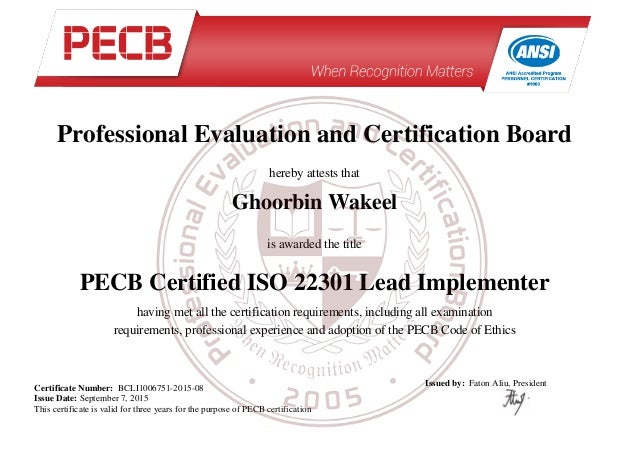 PECB ISO 22301 Certification Certificate