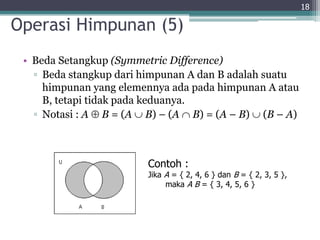 Operasi Himpunan (5)
• Beda Setangkup (Symmetric Difference)
▫ Beda stangkup dari himpunan A dan B adalah suatu
himpunan yang elemennya ada pada himpunan A atau
B, tetapi tidak pada keduanya.
▫ Notasi : A  B = (A  B) – (A  B) = (A – B)  (B – A)
18
Contoh :
Jika A = { 2, 4, 6 } dan B = { 2, 3, 5 },
maka A B = { 3, 4, 5, 6 }
 