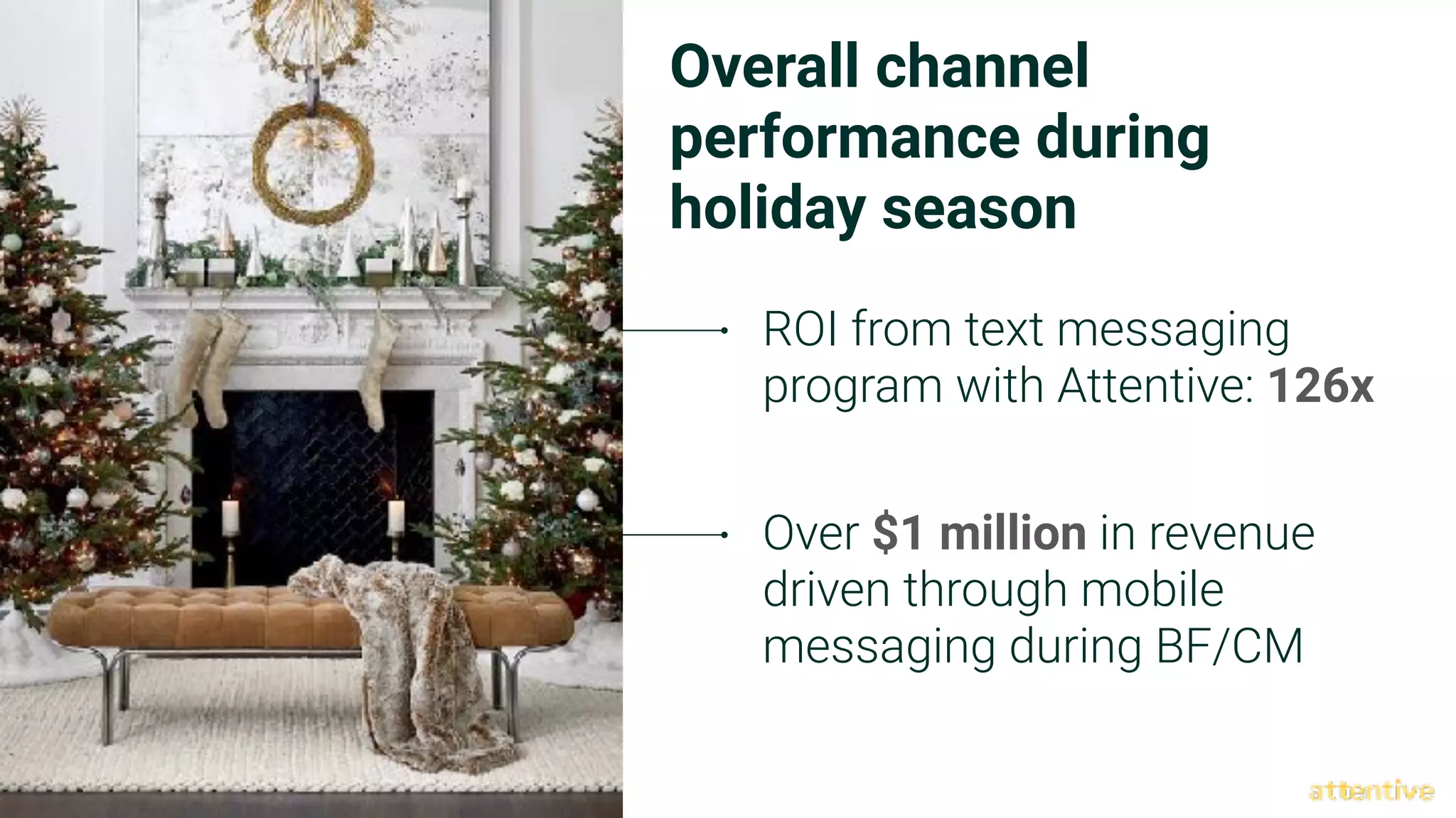 Overall channel
performance during
holiday season
Over $1 million in revenue
driven through mobile
messaging during BF/CM
ROI from text messaging
program with Attentive: 126x
 