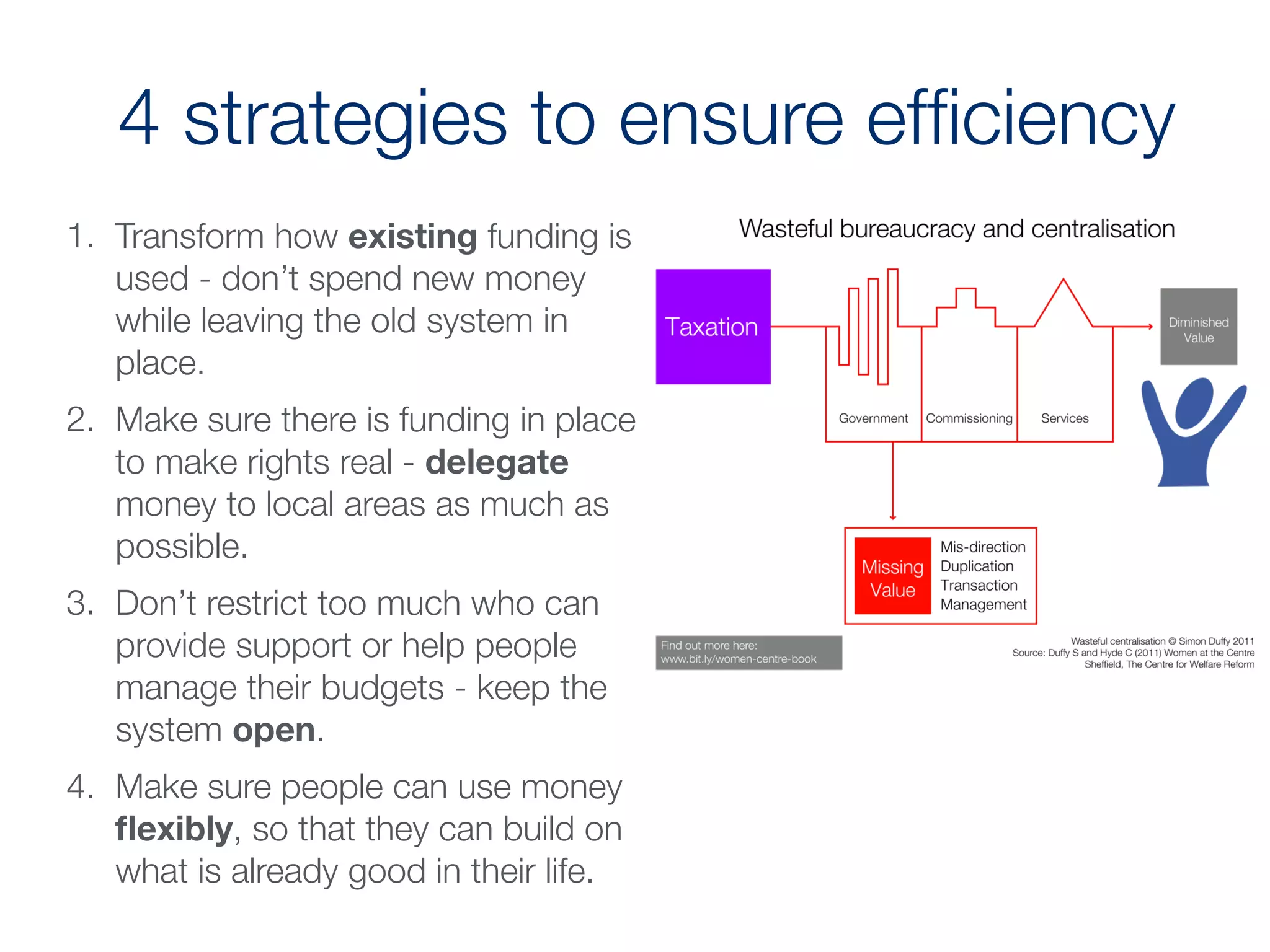 4 strategies to ensure efﬁciency
1. Transform how existing funding is
used - don’t spend new money
while leaving the old system in
place.
2. Make sure there is funding in place
to make rights real - delegate
money to local areas as much as
possible.
3. Don’t restrict too much who can
provide support or help people
manage their budgets - keep the
system open.
4. Make sure people can use money
ﬂexibly, so that they can build on
what is already good in their life.
 