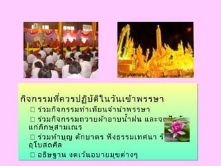 กิจกรรมที่ควรปฏิบัติในวันเข้าพรรษา
 ร่วมกิจกรรมทำาเทียนจำานำาพรรษา
 ร่วมกิจกรรมถวายผ้าอาบนำ้าฝน และจตุปัจจัย
แก่ภิกษุสามเณร
 ร่วมทำาบุญ ตักบาตร ฟังธรรมเทศนา รักษา
อุโบสถศีล
 อธิษฐาน งดเว้นอบายมุขต่างๆ
กิจกรรมที่ควรปฏิบัติในวันเข้าพรรษา
 ร่วมกิจกรรมทำาเทียนจำานำาพรรษา
 ร่วมกิจกรรมถวายผ้าอาบนำ้าฝน และจตุปัจจัย
แก่ภิกษุสามเณร
 ร่วมทำาบุญ ตักบาตร ฟังธรรมเทศนา รักษา
อุโบสถศีล
 อธิษฐาน งดเว้นอบายมุขต่างๆ
 