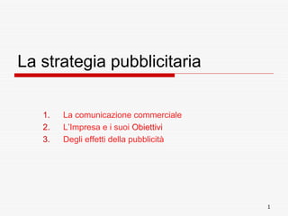 La strategia pubblicitaria

   1.   La comunicazione commerciale
   2.   L’Impresa e i suoi Obiettivi
   3.   Degli effetti della pubblicità




                                         1
 