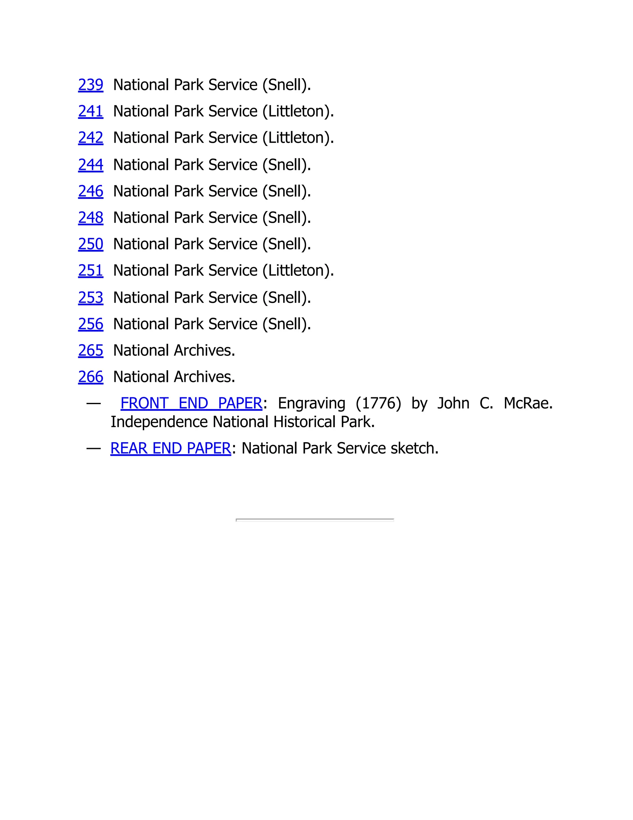 239 National Park Service (Snell).
241 National Park Service (Littleton).
242 National Park Service (Littleton).
244 National Park Service (Snell).
246 National Park Service (Snell).
248 National Park Service (Snell).
250 National Park Service (Snell).
251 National Park Service (Littleton).
253 National Park Service (Snell).
256 National Park Service (Snell).
265 National Archives.
266 National Archives.
— FRONT END PAPER: Engraving (1776) by John C. McRae.
Independence National Historical Park.
— REAR END PAPER: National Park Service sketch.
 