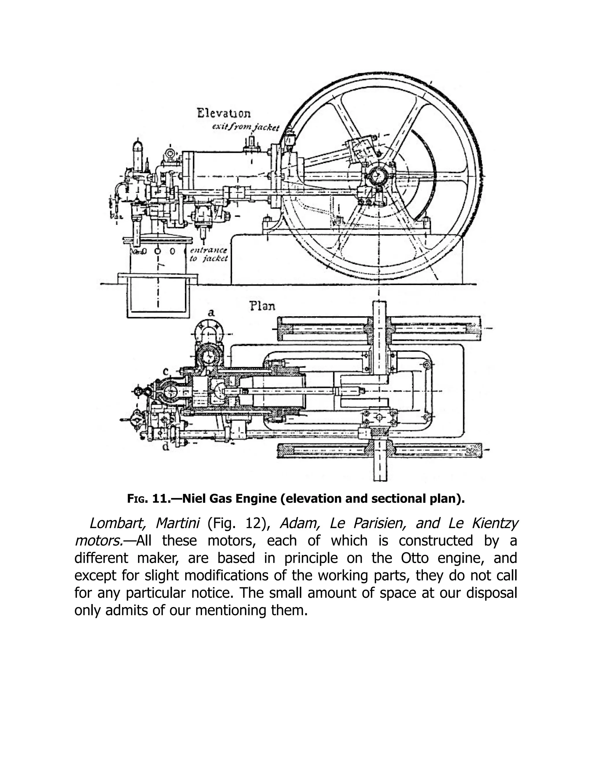 Fig. 11.—Niel Gas Engine (elevation and sectional plan).
Lombart, Martini (Fig. 12), Adam, Le Parisien, and Le Kientzy
motors.—All these motors, each of which is constructed by a
different maker, are based in principle on the Otto engine, and
except for slight modifications of the working parts, they do not call
for any particular notice. The small amount of space at our disposal
only admits of our mentioning them.
 