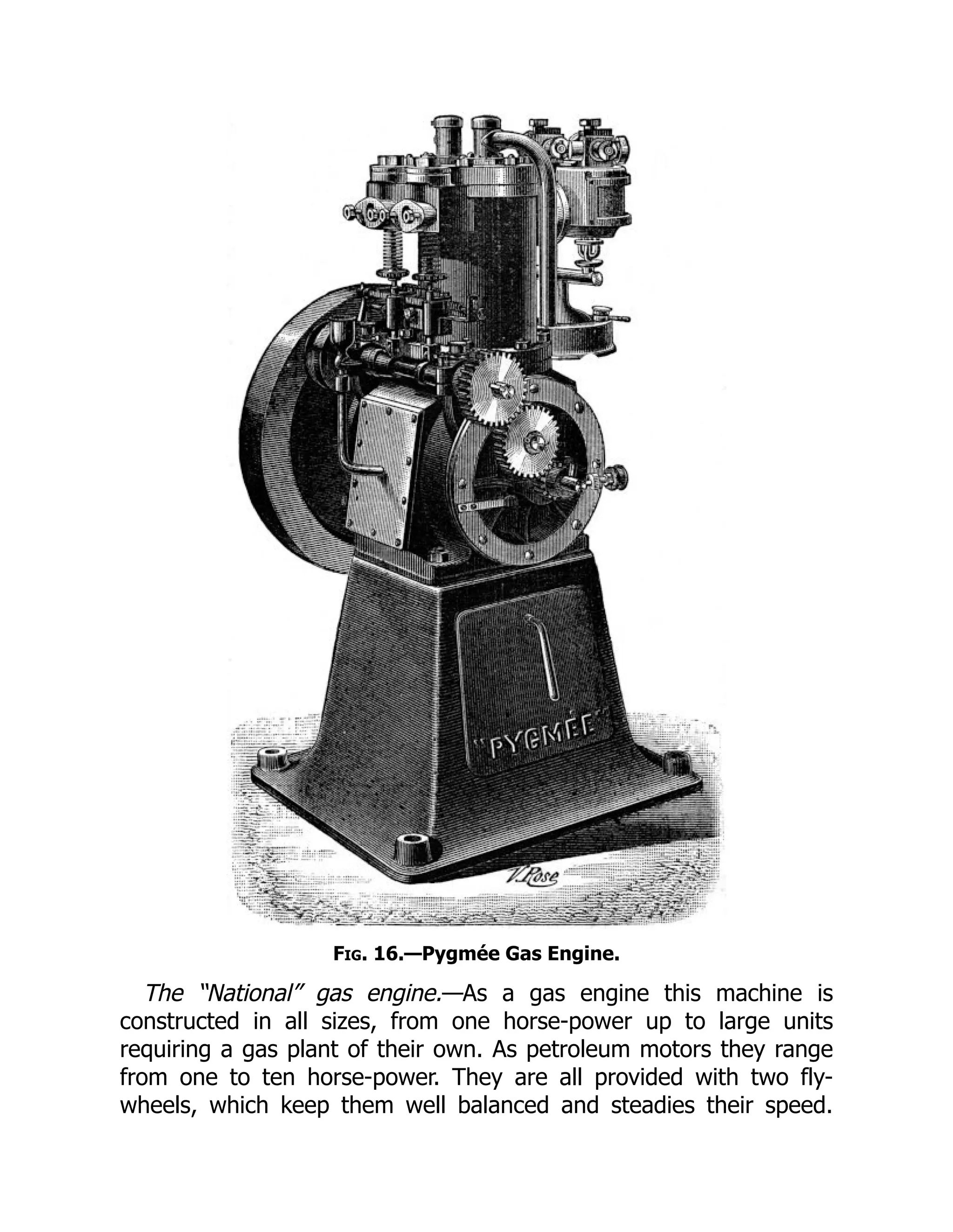 Fig. 16.—Pygmée Gas Engine.
The “National” gas engine.—As a gas engine this machine is
constructed in all sizes, from one horse-power up to large units
requiring a gas plant of their own. As petroleum motors they range
from one to ten horse-power. They are all provided with two fly-
wheels, which keep them well balanced and steadies their speed.
 