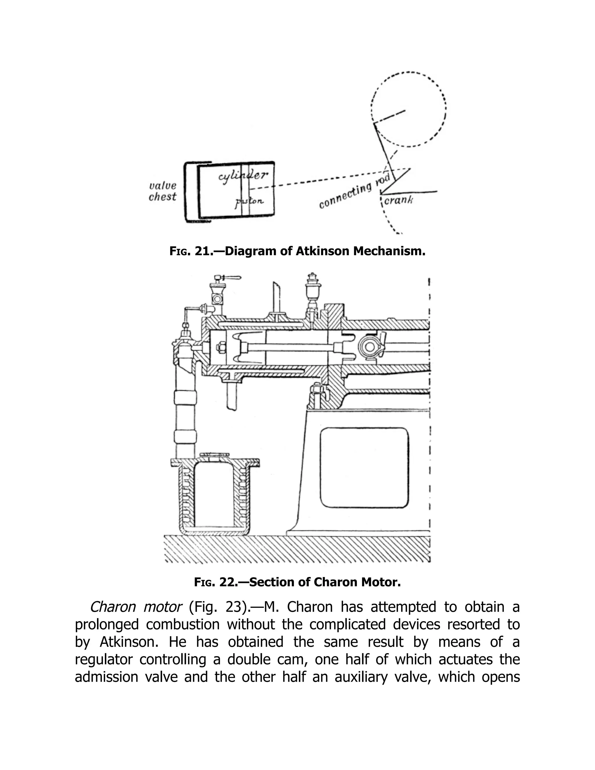Fig. 21.—Diagram of Atkinson Mechanism.
Fig. 22.—Section of Charon Motor.
Charon motor (Fig. 23).—M. Charon has attempted to obtain a
prolonged combustion without the complicated devices resorted to
by Atkinson. He has obtained the same result by means of a
regulator controlling a double cam, one half of which actuates the
admission valve and the other half an auxiliary valve, which opens
 