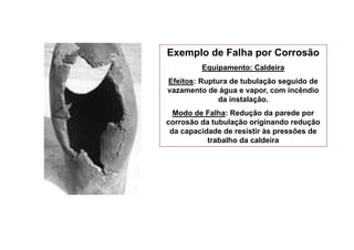 Exemplo de Falha por Corrosão
Equipamento: Caldeira
Efeitos: Ruptura de tubulação seguido de
vazamento de água e vapor, com incêndio
da instalação.
Modo de Falha: Redução da parede por
corrosão da tubulação originando redução
da capacidade de resistir às pressões de
trabalho da caldeira
 