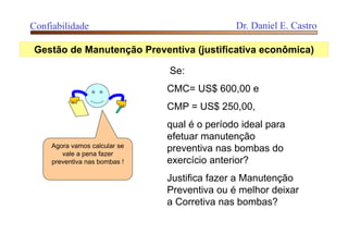 Confiabilidade Dr. Daniel E. Castro
Gestão de Manutenção Preventiva (justificativa econômica)
Se:
CMC= US$ 600,00 e
CMP = US$ 250,00,
qual é o período ideal para
efetuar manutenção
preventiva nas bombas do
exercício anterior?
Justifica fazer a Manutenção
Preventiva ou é melhor deixar
a Corretiva nas bombas?
Agora vamos calcular se
vale a pena fazer
preventiva nas bombas !
 