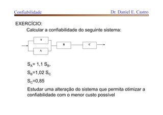 A
B C
A
Calcular a confiabilidade do seguinte sistema:
SA= 1,1 SB,
SB=1,02 SC
SC=0,85
Estudar uma alteração do sistema que permita otimizar a
confiabilidade com o menor custo possível
Confiabilidade Dr. Daniel E. Castro
EXERCÍCIO:
 