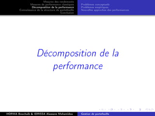 Mesures des rendements
Mesures de performance classiques
Décomposition de la performance
Connaissance de la structure de portefeuille
Conclusion
Problèmes conceptuels
Problèmes empiriques
Nouvelles approches des performances
Décomposition de la
performance
HORMA Bouchaib  IDRISSA Alassane Mohamidou Gestion de portefeuille
 