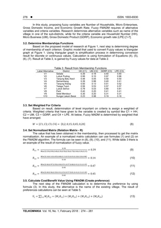  ISSN: 1693-6930
TELKOMNIKA Vol. 16, No. 1, February 2018 : 274 – 281
278
In this study, proposing fuzzy variables are Number of Households, Micro Enterprises,
Gross Domestic Income, and Economic Growth Rate. Fuzzy FMADM requires of alternative
variables and criteria variables. Research determines alternative variables such as name of the
village in one of the sub-districts, while for the criteria variable are Household Number (HH),
Micro Business (UM), Gross Domestic Product (GDRP), Economic growth rate (LPE) [1-7].
3.2. Determine Memberships Functions
Based on the proposed model of research at Figure 1, next step is determining degree
of membership of each criterion. Graphic model that used to convert Fuzzy values is triangular
graph at Figure 1. Using triangular graph is simplification process in determining conversion
result for discrete or continuous values. Calculation is using formulation of Equations (4), (5),
(6), (7). Result at Table 3, is gained by Fuzzy values for data at Table 2.
Table 3. Result from Membership Functions
Label Alternative District HH (C1) UM (C2) GDRP (C3) LPE (C3)
V1 Sebele 0.39 0.18 0.40 0.40
V2 Lubuk Puding 0.99 0.10 0.97 0.96
V3 Tanjung Batu Kecil 0.48 0.05 0.50 0.50
V4 Semembang 0.39 0.88 0.40 0.41
V5 Tanjung Kilang 0.50 0.13 0.51 0.52
V6 Telaga Tujuh 0.56 0.53 0.57 0.57
V7 Lubuk Semut 0.78 0.03 0.80 0.81
V8 Parit 0.40 0.20 0.41 0.41
V9 Selat Mendaun 0.30 0.20 0.31 0.31
V10 Sungai Lakam Barat 0.23 0.98 0.19 0.18
3.3. Set Weighted For Criteria
Based on result, determination of level important on criteria is assign a weighted of
criteria. Weighted criteria that have given to the variable is created by symbol like C1 = HH,
C2 = UM, C3 = GDRP, and C4 = LPE. At below, Fuzzy MADM is determined by weighted that
have arranged.
* + * + (8)
3.4. Set Normalized Matrix (Relation Matrix - R)
The value that has been obtained in the membership, then processed to get the matrix
normalization. An example of a normalized matrix calculation can use formulas (1) and (2) on
the FMADM algorithm. The formula can be seen in (8), (9), (10), and (11). While table 3 there is
an example of the result of normalization of fuzzy value.
( )
(9)
( )
(10)
( )
(11)
( )
(12)
3.5. Calculate Cost/Benefit Value Using FMADM (Create preference)
The next step of the FMADM calculation is to determine the preference by using
formula (3). In this study, the alternative is the name of the existing village. The result of
preferences calculations can be seen at Table 5.
∑ ( ) ( ) ( ) ( ) (13)
 