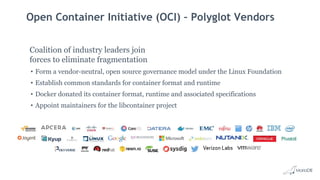 Open Container Initiative (OCI) – Polyglot Vendors
Coalition of industry leaders join
forces to eliminate fragmentation
• Form a vendor-neutral, open source governance model under the Linux Foundation
• Establish common standards for container format and runtime
• Docker donated its container format, runtime and associated specifications
• Appoint maintainers for the libcontainer project
 