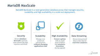 MariaDB MaxScale
High Availability
Ensure uptime
with no single
point of failure
and minimize
downtime
during upgrade
Data Streaming
Stream transactional
data to data lake for
real-time analytics
Scalability
Manage your
scaled-out
infrastructure
without changing
application code
Security
Secure database
firewall to prevent
cyber attacks like SQL
injection and DDoS
MariaDB MaxScale is a next-generation database proxy that manages security,
scalability and high availability in a scale out deployment.
 