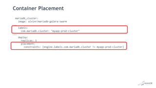 Container Placement
mariadb_cluster:
image: alvinr/mariadb-galera-swarm
...
labels:
com.mariadb.cluster: "myapp-prod-cluster"
...
deploy:
replicas: 1
placement:
constraints: [engine.labels.com.mariadb.cluster != myapp-prod-cluster]
 