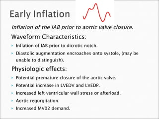 Inflation of the IAB prior to aortic valve closure. Waveform Characteristics: Inflation of IAB prior to dicrotic notch. Diastolic augmentation encroaches onto systole, (may be unable to distinguish). Physiologic effects: Potential premature closure of the aortic valve. Potential increase in LVEDV and LVEDP. Increased left ventricular wall stress or afterload. Aortic regurgitation. Increased MV02 demand. 