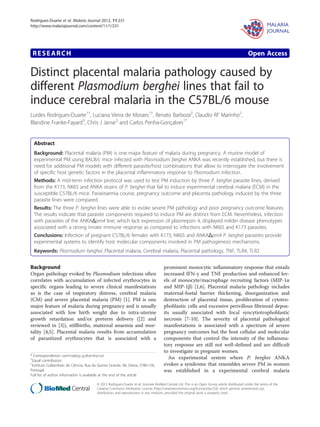 RESEARCH Open Access
Distinct placental malaria pathology caused by
different Plasmodium berghei lines that fail to
induce cerebral malaria in the C57BL/6 mouse
Lurdes Rodrigues-Duarte1†
, Luciana Vieira de Moraes1†
, Renato Barboza2
, Claudio RF Marinho2
,
Blandine Franke-Fayard3
, Chris J Janse3
and Carlos Penha-Gonçalves1*
Abstract
Background: Placental malaria (PM) is one major feature of malaria during pregnancy. A murine model of
experimental PM using BALB/c mice infected with Plasmodium berghei ANKA was recently established, but there is
need for additional PM models with different parasite/host combinations that allow to interrogate the involvement
of specific host genetic factors in the placental inflammatory response to Plasmodium infection.
Methods: A mid-term infection protocol was used to test PM induction by three P. berghei parasite lines, derived
from the K173, NK65 and ANKA strains of P. berghei that fail to induce experimental cerebral malaria (ECM) in the
susceptible C57BL/6 mice. Parasitaemia course, pregnancy outcome and placenta pathology induced by the three
parasite lines were compared.
Results: The three P. berghei lines were able to evoke severe PM pathology and poor pregnancy outcome features.
The results indicate that parasite components required to induce PM are distinct from ECM. Nevertheless, infection
with parasites of the ANKAΔpm4 line, which lack expression of plasmepsin 4, displayed milder disease phenotypes
associated with a strong innate immune response as compared to infections with NK65 and K173 parasites.
Conclusions: Infection of pregnant C57BL/6 females with K173, NK65 and ANKAΔpm4 P. berghei parasites provide
experimental systems to identify host molecular components involved in PM pathogenesis mechanisms.
Keywords: Plasmodium berghei, Placental malaria, Cerebral malaria, Placental pathology, TNF, TLR4, TLR2
Background
Organ pathology evoked by Plasmodium infections often
correlates with accumulation of infected erythrocytes in
specific organs leading to severe clinical manifestations
as is the case of respiratory distress, cerebral malaria
(CM) and severe placental malaria (PM) [1]. PM is one
major feature of malaria during pregnancy and is usually
associated with low birth weight due to intra-uterine
growth retardation and/or preterm delivery ([2] and
reviewed in [3]), stillbirths, maternal anaemia and mor-
tality [4,5]. Placental malaria results from accumulation
of parasitized erythrocytes that is associated with a
prominent monocytic inflammatory response that entails
increased IFN-γ and TNF production and enhanced lev-
els of monocyte/macrophage recruiting factors (MIP-1α
and MIP-1β) [1,6]. Placental malaria pathology includes
maternal-foetal barrier thickening, disorganization and
destruction of placental tissue, proliferation of cytotro-
phoblastic cells and excessive perivillous fibrinoid depos-
its usually associated with focal syncytiotrophoblastic
necrosis [7-10]. The severity of placental pathological
manifestations is associated with a spectrum of severe
pregnancy outcomes but the host cellular and molecular
components that control the intensity of the inflamma-
tory response are still not well-defined and are difficult
to investigate in pregnant women.
An experimental system where P. berghei ANKA
evokes a syndrome that resembles severe PM in women
was established in a experimental cerebral malaria
* Correspondence: cpenha@igc.gulbenkian.pt
†
Equal contributors
1
Instituto Gulbenkian de Ciência, Rua da Quinta Grande, 06, Oeiras 2780-156,
Portugal
Full list of author information is available at the end of the article
© 2012 Rodrigues-Duarte et al.; licensee BioMed Central Ltd. This is an Open Access article distributed under the terms of the
Creative Commons Attribution License (http://creativecommons.org/licenses/by/2.0), which permits unrestricted use,
distribution, and reproduction in any medium, provided the original work is properly cited.
Rodrigues-Duarte et al. Malaria Journal 2012, 11:231
http://www.malariajournal.com/content/11/1/231
 