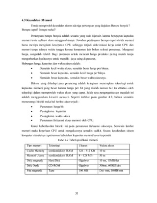 31
4.3 Keandalan Memori
Untuk memperoleh keandalan sistem ada tiga pertanyaan yang diajukan:Berapa banyak ?
Berapa cepat? Berapa mahal?
Pertanyaan berapa banyak adalah sesuatu yang sulit dijawab, karena berapapun kapasitas
memori tentu aplikasi akan menggunakannya. Jawaban pertanyaan berapa cepat adalah memori
harus mempu mengikuti kecepatan CPU sehingga terjadi sinkronisasi kerja antar CPU dan
memori tanpa adanya waktu tunggu karena komponen lain belum selesai prosesnya. Mengenai
harga, sangatlah relatif. Bagi produsen selalu mencari harga produksi paling murah tanpa
mengorbankan kualitasnya untuk memiliki daya saing di pasaran.
Hubungan harga, kapasitas dan waktu akses adalah :
 Semakin kecil waktu akses, semakin besar harga per bitnya.
 Semakin besar kapasitas, semakin kecil harga per bitnya.
 Semakin besar kapasitas, semakin besar waktu aksesnya.
Dilema yang dihadapi para perancang adalah keinginan menerapkan teknologi untuk
kapasitas memori yang besar karena harga per bit yang murah namun hal itu dibatasi oleh
teknologi dalam memperoleh waktu akses yang cepat. Salah satu pengorganisasian masalah ini
adalah menggunakan hirarki memori. Seperti terlihat pada gambar 4.2, bahwa semakin
menurunnya hirarki maka hal berikut akan terjadi :
 Penurunan harga/bit
 Peningkatan kapasitas
 Peningkatan waktu akses
 Penurunan frekuensi akses memori oleh CPU.
Kunci keberhasilan hirarki ini pada penurunan frekuensi aksesnya. Semakin lambat
memori maka keperluan CPU untuk mengaksesnya semakin sedikit. Secara keseluruhan sistem
komputer akan tetap cepat namun kebutuhan kapasitas memori besar terpenuhi.
Tabel 4.2 Tabel spesifikasi memori
Tipe memori Teknologi Ukuran Waktu akses
Cache Memory semikonduktor RAM 128 – 512 KB 10 ns
Memori Utama semikonduktor RAM 4 – 128 MB 50 ns
Disk magnetik Hard Disk Gigabyte 10 ms, 10MB/det
Disk Optik CD-ROM Gigabyte 300ms, 600KB/det
Pita magnetik Tape 100 MB Det -mnt, 10MB/mnt
 