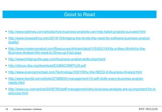 18 Information Classification: Confidential
• http://www.batimes.com/articles/how-business-analysts-can-help-failed-projects-succeed.html
• http://www.itnewsafrica.com/2014/10/bridging-the-divide-the-need-for-software-business-analyst-
duality/
• http://www.modernanalyst.com/Resources/Articles/tabid/115/ID/2143/Its-a-New-World-for-the-
Business-Analyst-We-need-to-Grow-up-Fast.aspx
• http://www.bridging-the-gap.com/business-analyst-skills-important/
• http://stlouis.iiba.org/download/ESIBACOMP%20.pdf
• http://www.evancarmichael.com/Technology/3591/Why-We-NEED-A-Business-Analyst.html
• http://www.itworld.com/article/2738883/it-management/10-soft-skills-every-business-analyst-
needs.html
• http://www.cio.com/article/2436795/staff-management/why-business-analysts-are-so-important-for-it-
and-cios.html
Good to Read
 