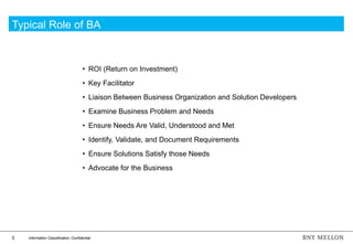 5 Information Classification: Confidential
Typical Role of BA
• ROI (Return on Investment)
• Key Facilitator
• Liaison Between Business Organization and Solution Developers
• Examine Business Problem and Needs
• Ensure Needs Are Valid, Understood and Met
• Identify, Validate, and Document Requirements
• Ensure Solutions Satisfy those Needs
• Advocate for the Business
 