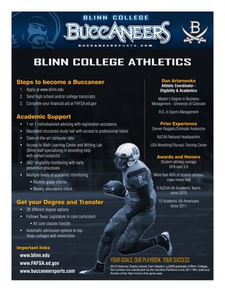 BLINN COLLEGE ATHLETICS
Dan Artamenko

Steps to become a Buccaneer

Athletic Coordinator Eligibility & Academics

1.	 Apply at www.blinn.edu
2.	 Send high school and/or college transcripts

Master’s Degree in Business
Management - University of Colorado

3.	 Complete your financial aid at FAFSA.ed.gov

B.S. in Sports Management

Academic Support
•	 1 on 1 individualized advising with registration assistance
•	 Mandated structured study hall with access to professional tutors
•	 State-of-the-art computer labs
•	 Access to Math Learning Center and Writing Lab
(Blinn staff specializing in providing help
with certain subjects)
•	 360° eligibility monitoring with early
prevention processes
•	 Multiple levels of academic monitoring
•	Routine grade checks
•	Weekly attendance check

Get your Degree and Transfer
•	 26 different degree options

Prior Experience

Denver Nuggets/Colorado Avalanche
NJCAA National Headquarters
USA Wrestling/Olympic Training Center

Awards and Honors
Student-athletes average
GPA over 3.0

More than 40% of student-athletes
make Honor Roll
9 NJCAA All-Academic Teams
since 2010
15 Academic All-Americans
since 2011

•	 Follows Texas Legislature in core curriculum
•	All core classes transfer
•	 Automatic admission options to top
Texas colleges and universities
Important links

www.blinn.edu
www.FAFSA.ed.gov
www.buccaneersports.com

YOUR GOALS, OUR PLAYBOOK, YOUR SUCCESS.
2010 Heisman Trophy winner Cam Newton, a 2009 graduate of Blinn College,
the number one overall pick by the Carolina Panthers in the 2011 NFL draft and
Rookie of the Year honors that same year.

 