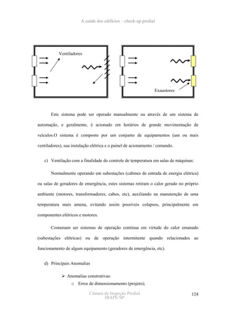 A saúde dos edifícios – check-up predial




           Ventiladores




                                                                Exaustores




       Este sistema pode ser operado manualmente ou através de um sistema de

automação, e geralmente, é acionado em horários de grande movimentação de

veículos.O sistema é composto por um conjunto de equipamentos (um ou mais

ventiladores), sua instalação elétrica e o painel de acionamento / comando.


   c) Ventilação com a finalidade do controle de temperatura em salas de máquinas:

       Normalmente operando em subestações (cabines de entrada de energia elétrica)

ou salas de geradores de emergência, estes sistemas retiram o calor gerado no próprio

ambiente (motores, transformadores, cabos, etc), auxiliando na manutenção de uma

temperatura mais amena, evitando assim possíveis colapsos, principalmente em

componentes elétricos e motores.

       Costumam ser sistemas de operação contínua em virtude do calor emanado

(subestações elétricas) ou de operação intermitente quando relacionados ao

funcionamento de algum equipamento (geradores de emergência, etc).


   d) Principais Anomalias

                Anomalias construtivas:
                  o Erros de dimensionamento (projeto);

                            Câmara de Inspeção Predial                           124
                                   IBAPE/SP
 