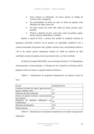 A saúde dos edifícios – check-up predial



                    Áreas internas às edificações, em locais sujeitos ao tráfego de
                    veículos sobre a mangueira;
                    Nas proximidades de fontes de calor ou fontes de ignição como
                    tubulações de vapor, fornos etc;
                    Em áreas sociais tais como hall, salões de festas, piscinas, play-
                    grounds;
                    Próximo a aberturas no piso, como ralos, caixas de gordura, esgoto,
                    bueiros, galerias subterrâneas e similares.
         Quanto a central de GLP, a mesma deve atender às condições mínimas de

segurança, possuindo extintores de pó químico em quantidade compatível com o

volume armazenado, não possuir ralos, grelhas e demais vãos a uma distância inferior a

1,50 m da central, possuir afastamento mínimo de 3,00m de materiais de fácil

combustão e pontos de ignição, estar no pavimento térreo e ser bem ventilada.

         Do Decreto Estadual 46076/2001, em sua Instrução Técnica nº 28, Manipulação,

Armazenamento, Comercialização e Utilização de Gás Liquefeito de Petróleo (GLP),

podemos extrair em síntese as seguintes tabelas orientativas:

         Tabela 3 - Afastamentos de recipientes transportáveis em relação a locais de

risco:


Locais                                          Afastamento (m)
Aberturas de dutos de esgoto, águas pluviais,
                                                1,5
poços, canaletas, ralos.
Materiais de fácil combustão                    3,0
Fontes de ignição (inclusive estacionamento
                                                3,0
de veículos)
Depósitos de materiais inflamáveis ou
                                                6,0
comburentes
Depósito de hidrogênio                          15,0
Redes elétricas                                 3,0
         Tabela 4 - Afastamentos de recipientes transportáveis em relação à projeção das

edificações:


                             Câmara de Inspeção Predial                              74
                                    IBAPE/SP
 