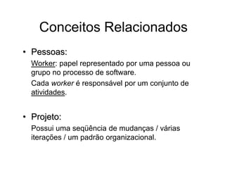 Conceitos Relacionados
• Pessoas:
Worker: papel representado por uma pessoa ou
grupo no processo de software.
Cada worker é responsável por um conjunto de
atividades.
• Projeto:
Possui uma seqüência de mudanças / várias
iterações / um padrão organizacional.
 