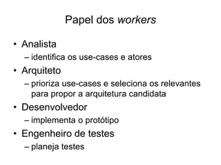 Papel dos workers
• Analista
– identifica os use-cases e atores
• Arquiteto
– prioriza use-cases e seleciona os relevantes
para propor a arquitetura candidata
• Desenvolvedor
– implementa o protótipo
• Engenheiro de testes
– planeja testes
 