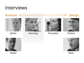 Interviews
Business Design
Johan
Aleksi
Henning Franziska Oriana
Sami
 