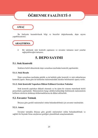 ÖĞRENME FAALİYETİ–5
                   ÖĞRENME FAALİYETİ–5
     AMAÇ

      Bu faaliyette kazandırılacak bilgi ve beceriler doğrultusunda, depo sayımı
yapabileceksiniz.


   ARAŞTIRMA

           Bir işletmede stok kontrolü yapmanın ve envanter tutmanın nasıl yararlar
            sağlayabileceğini tartışınız.


                             5. DEPO SAYIMI
5.1. Stok Kontrolü
      Stokların belirli dönemlerde depo sorumlusu tarafından kontrolü yapılmalıdır.

5.1.1. Stok Hesabı

      Depo sorumlusu tarafından günlük ya da haftalık gider kontrolü ve stok miktarlarının
kontrolü yapılır. Buna göre de kullanılan malzemelerdeki eksikler belirlenerek sipariş verilir.

5.1.2. Stok Kontrolü Yaparken Dikkat Edilmesi Gereken Noktalar

      Stok kontrolü yapılırken dikkatli olunmalı ve bu işlem bir sisteme oturtularak belirli
periyotlarla yapılmalıdır. Malzemelerin hangi sıklıkla kullanıldığı belirlenerek malzemelerin
kullanım sürelerini doldurup doldurmadıklarına da dikkat edilmelidir.

5.2. Envanter Tutmak
      İhtiyaca göre gerekli malzemeleri stokta bulundurabilmek için envanter tutulmalıdır.

5.2.1. Amacı

       Envanter tutmakla ihtiyaca göre gerekli malzemeleri stokta bulundurabilmek ve
sağlıklı bir biçimde firma satışlarının grafiğini çıkarabilmek amaçlanmaktadır.




                                              25
 
