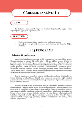 ÖĞRENME FAALİYETİ–1
                   ÖĞRENME FAALİYETİ–1
     AMAÇ

      Bu faaliyette kazandırılacak bilgi ve beceriler doğrultusunda, uygun ortam
sağlandığında, iş programı yapabileceksiniz.


   ARAŞTIRMA

           Farklı işletmelerdeki işletme organizasyonu yapılarını araştırınız.
           İşçi sağlığı ve iş güvenliği konusunda işletmelerin ne gibi önlemler aldığını
            araştırınız.


                             1. İŞ PROGRAMI
1.1. İşletme Organizasyonu
       İşletmelerin başarılarının arkasında iyi bir organizasyon yapısının olduğu açıktır.
Başarılı organizasyon yapıları, büyümekte olan ve büyüme eğilimi gösteren ürünleri ve
pazarları sürekli ve sistematik biçimde araştırmakta, keşfetmekte ve değerlendirmektedir.
Ortaya çıkan yeni olanaklardan yararlanabilmek için hemen harekete geçmekte ve bunun için
gerekli personeli, teknik ve maddi kaynakları yaratabilmektedir. İşletmenin günlük
etkinliğinin otokritiği yapılmalı, rekabet üstünlüğü yakalama çabası içinde olunmalıdır.
Sürekli durum analizi yapılmalı, işletme bünyesindeki tüm birimler incelenmeli ve başarıyı
sürekli kılacak koşullar oluşturulmaya çalışılmalıdır.

      Başarılı organizasyon sistemleri, personel istihdamında standartlar belirlemekte ve
bunları titizlikle uygulamaktadır. Birincil amaç pozisyonu doldurmak değil, standart
personeli bulmaktır. Yeni atılımlar için kadrolar aşağıdan yukarıya doğru sıralandırılmış ve
kuvvetlendirilmiş olmalıdır.

       Müşteriyi anlamak ve aynı dili konuşmak amacıyla yakınlaştırıcı politikalar, stratejiler
oluşturulmalıdır. Çalışanların bilgi, görgü, tecrübe ve sorumlulukları, hizmete gösterecekleri
özen, kalite ve verimliliğin kaynağı olarak benimsenmelidir. Duyan, değerlendiren, harekete
geçen, amaç ve güdüleri olan bir personel profili oluşturulmaya çalışılmalıdır. Organizasyon,
bireylerin karar verme, sorunun çözümüne katılma, yüz yüze ilişkileri geliştirme, örgütsel
hedeflerin iletişiminde kolaylık sağlama becerilerini destekleyici nitelikte olmalıdır. Başarılı
organizasyonlarda bireye saygı gösterme, bireylerin sivrilmelerine izin verme, onları
kazanma anlayışı vardır.



                                               3
 
