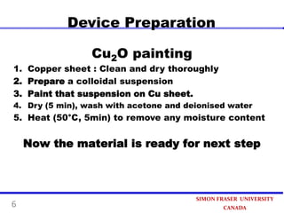 Device Preparation
Cu2O painting

1. Copper sheet : Clean and dry thoroughly
2. Prepare a colloidal suspension
3. Paint that suspension on Cu sheet.
4. Dry (5 min), wash with acetone and deionised water

5. Heat (50°C, 5min) to remove any moisture content

Now the material is ready for next step

6

SIMON FRASER UNIVERSITY
CANADA

 