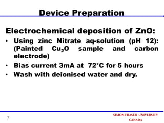 Device Preparation
Electrochemical deposition of ZnO:
• Using zinc Nitrate aq-solution (pH 12):
(Painted Cu2O sample and carbon
electrode)
• Bias current 3mA at 72°C for 5 hours
• Wash with deionised water and dry.

7

SIMON FRASER UNIVERSITY
CANADA

 
