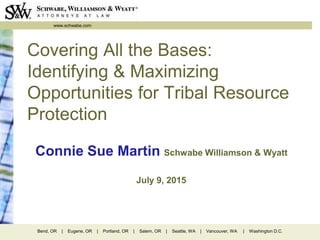 www.schwabe.com
Bend, OR | Eugene, OR | Portland, OR | Salem, OR | Seattle, WA | Vancouver, WA | Washington D.C.
Covering All the Bases:
Identifying & Maximizing
Opportunities for Tribal Resource
Protection
Connie Sue Martin Schwabe Williamson & Wyatt
July 9, 2015
 
