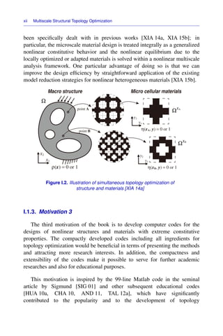 xii Multiscale Structural Topology Optimization
been speciﬁcally dealt with in previous works [XIA 14a, XIA 15b]; in
particular, the microscale material design is treated integrally as a generalized
nonlinear constitutive behavior and the nonlinear equilibrium due to the
locally optimized or adapted materials is solved within a nonlinear multiscale
analysis framework. One particular advantage of doing so is that we can
improve the design efﬁciency by straightforward application of the existing
model reduction strategies for nonlinear heterogeneous materials [XIA 15b].
Macro structure
x1
x2
ρ(x) = 0 or 1
Micro cellular materials
point A
point B
y1
y2
η(xA, y) = 0 or 1
η(xB, y) = 0 or 1
y1
y2
Ω
ΩxA
ΩxB
Figure I.2. Illustration of simultaneous topology optimization of
structure and materials [XIA 14a]
I.1.3. Motivation 3
The third motivation of the book is to develop computer codes for the
designs of nonlinear structures and materials with extreme constitutive
properties. The compactly developed codes including all ingredients for
topology optimization would be beneﬁcial in terms of presenting the methods
and attracting more research interests. In addition, the compactness and
extensibility of the codes make it possible to serve for further academic
researches and also for educational purposes.
This motivation is inspired by the 99-line Matlab code in the seminal
article by Sigmund [SIG 01] and other subsequent educational codes
[HUA 10a, CHA 10, AND 11, TAL 12a], which have signiﬁcantly
contributed to the popularity and to the development of topology
 