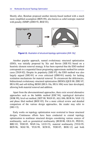 xiv Multiscale Structural Topology Optimization
Shortly after, Bendsøe proposed another density-based method with a much
more simpliﬁed assumption [BEN 89], also known as solid isotropic material
with penalty (SIMP) [ZHO 91, ROZ 01].
Design region Ω
ΓD ΓN
?
ΓD ΓN
Ω
Figure I.3. Illustration of structural topology optimization [XIA 15c]
Another popular approach, named evolutionary structural optimization
(ESO), was initially proposed by Xie and Steven [XIE 93] based on a
heuristic element removal strategy. It has been reported that the ESO method
corresponds to a sequential linear programing approximate method for certain
cases [TAN 02]. Despite its popularity [XIE 97], the ESO method was also
largely argued [SIG 01] or even criticized [ZHO 01] mainly for lacking
restitution mechanisms for material removal. To circumvent the deﬁciencies,
bidirectional evolutionary structural optimization (BESO) [QUE 00, ZHU 07,
HUA 09] and soft-killing BESO [HUA 10a, HUA 10b] were later developed,
allowing both material removal and addition.
Apart from the abovementioned approaches, there exist several alternative
approaches such as the bubble method [ESC 94], topological derivative
[SOK 99], level-set method, [SET 00, WAN 03, ALL 04b, BUR 04, VAN 13]
and phase ﬁled method [BOU 03]. For a more critical review and detailed
comparison of the various design approaches, the reader may refer to
[SIG 13].
Early works on topology optimization were restricted to linear structural
designs. Continuous efforts have been conducted to extend topology
optimization to nonlinear structural designs considering various sources of
nonlinearity, such as geometrical nonlinearity [BUH 00, GEA 01, PED 01,
BRU 03, YOO 05, WAN 14a, LUO 15], material nonlinearity [YUG 95,
BEN 96, MAU 98, YUG 99, SCH 01, YOO 07, BOG 12] and both
 