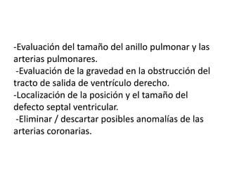 -Evaluación del tamaño del anillo pulmonar y las
arterias pulmonares.
-Evaluación de la gravedad en la obstrucción del
tracto de salida de ventrículo derecho.
-Localización de la posición y el tamaño del
defecto septal ventricular.
-Eliminar / descartar posibles anomalías de las
arterias coronarias.
 