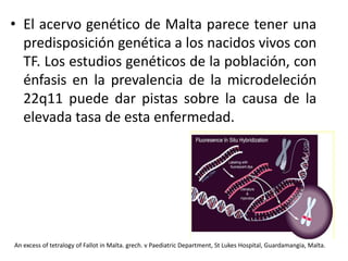• El acervo genético de Malta parece tener una
predisposición genética a los nacidos vivos con
TF. Los estudios genéticos de la población, con
énfasis en la prevalencia de la microdeleción
22q11 puede dar pistas sobre la causa de la
elevada tasa de esta enfermedad.
An excess of tetralogy of Fallot in Malta. grech. v Paediatric Department, St Lukes Hospital, Guardamangia, Malta.
 