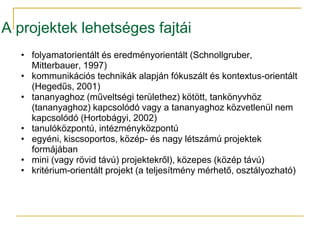 A projektek lehetséges fajtái
  • folyamatorientált és eredményorientált (Schnollgruber,
    Mitterbauer, 1997)
  • kommunikációs technikák alapján fókuszált és kontextus-orientált
    (Hegedűs, 2001)
  • tananyaghoz (műveltségi területhez) kötött, tankönyvhöz
    (tananyaghoz) kapcsolódó vagy a tananyaghoz közvetlenül nem
    kapcsolódó (Hortobágyi, 2002)
  • tanulóközpontú, intézményközpontú
  • egyéni, kiscsoportos, közép- és nagy létszámú projektek
    formájában
  • mini (vagy rövid távú) projektekről), közepes (közép távú)
  • kritérium-orientált projekt (a teljesítmény mérhető, osztályozható)
 