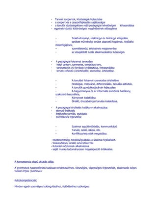 - Tanulói csoportok, közösségek fejlesztése
                               - a csoport és a csoportfejlesztés sajátosságai
                               - a tanulói közösségekben rejlő pedagógiai lehetőségek            kihasználása
                               - egyének közötti különbségek megértésének elősegítése


                                     -            Szaktudományi, szaktárgyi és tantárgyi integrálás
                                     -            tanított műveltségi terület alapvető fogalmak, fejlődési
                                     összefüggések,
                                     -            szemléletmód, értékeinek megismerése
                                     -            az elsajátított tudás alkalmazásához készségek


                               -     A pedagógiai folyamat tervezése
                               -      helyi tanterv, tanmenet, tematikus terv,
                               -      taneszközök és források kiválasztása, felhasználása
                               -      tervek reflektív (önértékelés) elemzése, értékelése.


                                     -             A tanulási folyamat szervezése értékelése
                                     -             Stratégiai, motiváció, differenciálás, tanulási aktivitás,
                                     -             A tanulók gondolkodásának fejlesztése
                                     -             A hagyományos és az informális eszközök hatékony,
                                     szakszerű használata,
                                     -             Környezet kialakítása
                                     -             Önálló, önszabályozó tanulás kialakítása.

                               -     A pedagógiai értékelés hatékony alkalmazása:
                               -     elemző értékelés
                               -     értékelési formák, eszközök
                               -     önértékelés fejlesztése


                                     -              Szakmai együttműködés, kommunikáció
                                     -              Tanuló, szülő, iskola, stb.
                                     -              Konfliktushelyzetek megoldása.

                               -   Elkötelezettség, felelősségvállalás a szakmai fejlődésért.
                               -   Szakirodalom, önálló ismeretszerzés
                               -   Kutatási módszerek alkalmazása
                               -   saját munka tudományosan megalapozott értékelése.



A kompetencia alapú oktatás célja:

A gyermekek hasznosítható tudással rendelkezzenek. Készségek, képességek fejlesztését, alkalmazás-képes
tudást értjük (SuliNova).


Kulcskompetenciák:

Minden egyén személyes boldogulásához, fejlődéséhez szükséges:
 