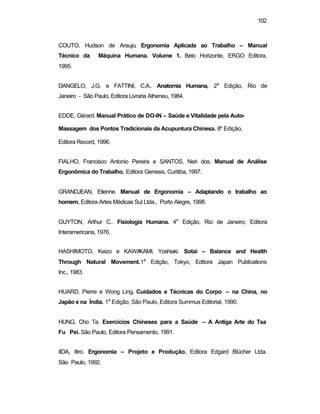 102
COUTO, Hudson de Araujo. Ergonomia Aplicada ao Trabalho – Manual
Técnico da Máquina Humana. Volume 1. Belo Horizonte, ERGO Editora,
1995.
DANGELO, J.G. e FATTINI, C.A.. Anatomia Humana, 2a
Edição, Rio de
Janeiro - São Paulo, Editora Livraria Atheneu, 1984.
EDDE, Gérard. Manual Prático de DO-IN – Saúde e Vitalidade pela Auto-
Massagem dos Pontos Tradicionais da Acupuntura Chinesa. 8a
Edição,
Editora Record, 1996.
FIALHO, Francisco Antonio Pereira e SANTOS, Neri dos. Manual de Análise
Ergonômica do Trabalho. Editora Genesis, Curitiba, 1997.
GRANDJEAN, Etienne. Manual de Ergonomia – Adaptando o trabalho ao
homem. Editora Artes Médicas Sul Ltda., Porto Alegre, 1998.
GUYTON, Arthur C.. Fisiologia Humana. 4a
Edição, Rio de Janeiro, Editora
Interamericana, 1976.
HASHIMOTO, Keizo e KAWAKAMI, Yoshiaki. Sotai – Balance and Health
Through Natural Movement.1a
Edição, Tokyo, Editora Japan Publications
Inc., 1983.
HUARD, Pierre e Wong Ling. Cuidados e Técnicas do Corpo – na China, no
Japão e na Índia. 1a
Edição, São Paulo, Editora Summus Editorial, 1990.
HUNG, Cho Ta. Exercícios Chineses para a Saúde – A Antiga Arte do Tsa
Fu Pei. São Paulo, Editora Pensamento, 1991.
IIDA, Itiro. Ergonomia – Projeto e Produção. Editora Edgard Blücher Ltda.
São Paulo, 1992.
 